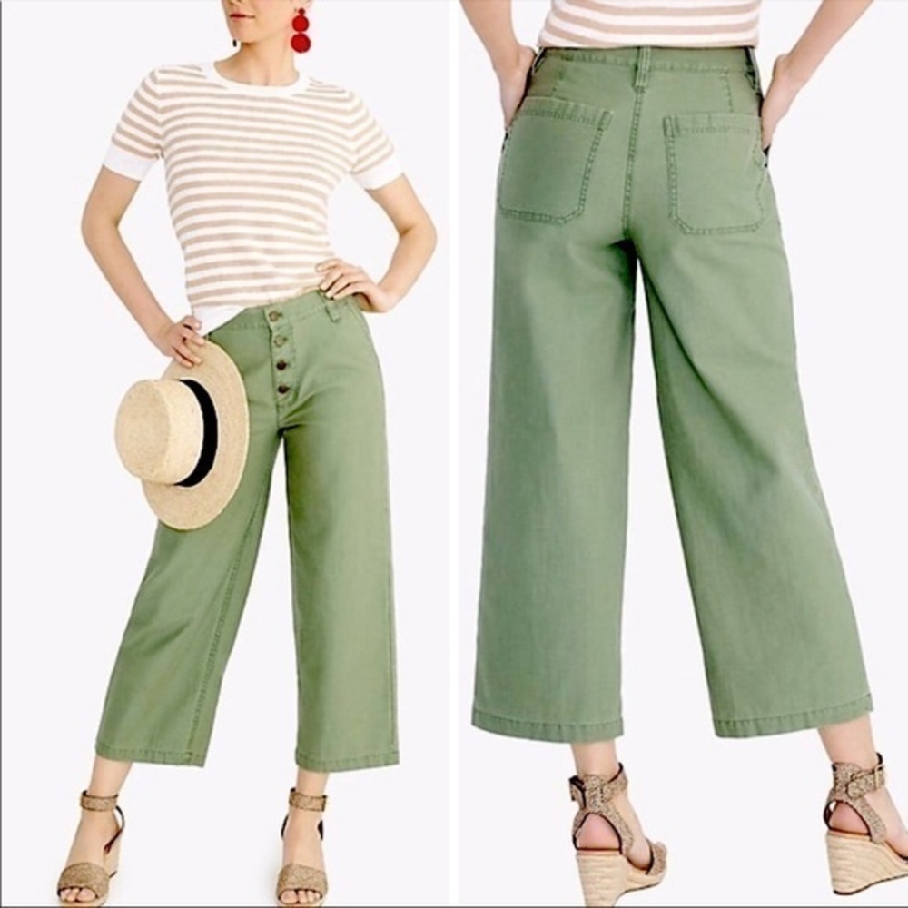 J Crew Wide Leg High Rise Button Fly Olive Pants, size 28